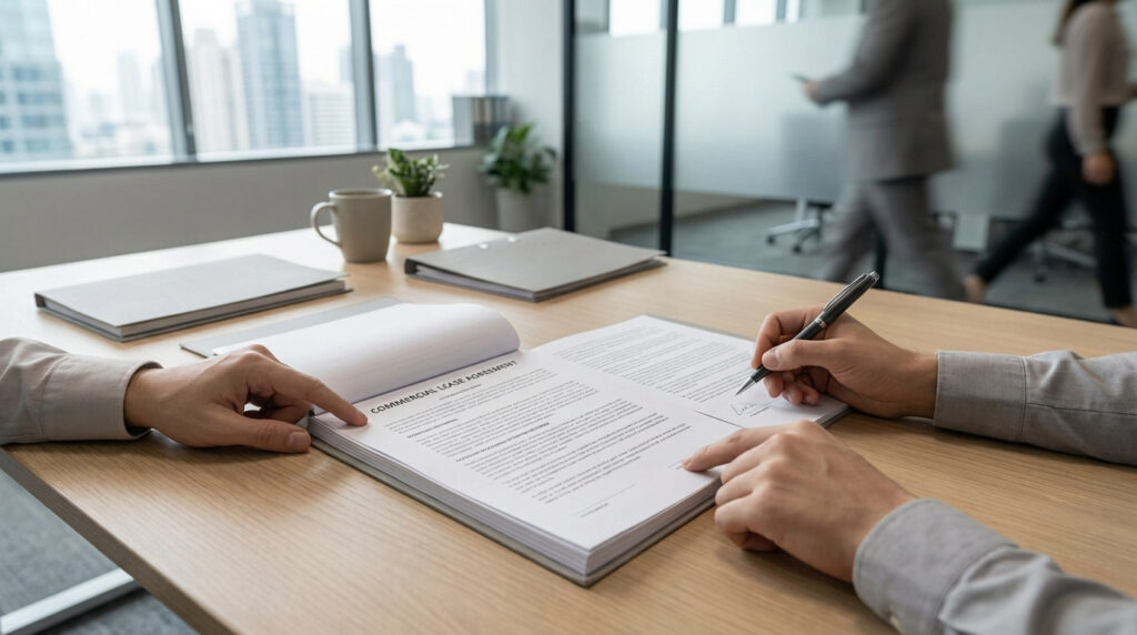 Deux personnes relisent et signent un contrat de bail commercial sur une table de bureau