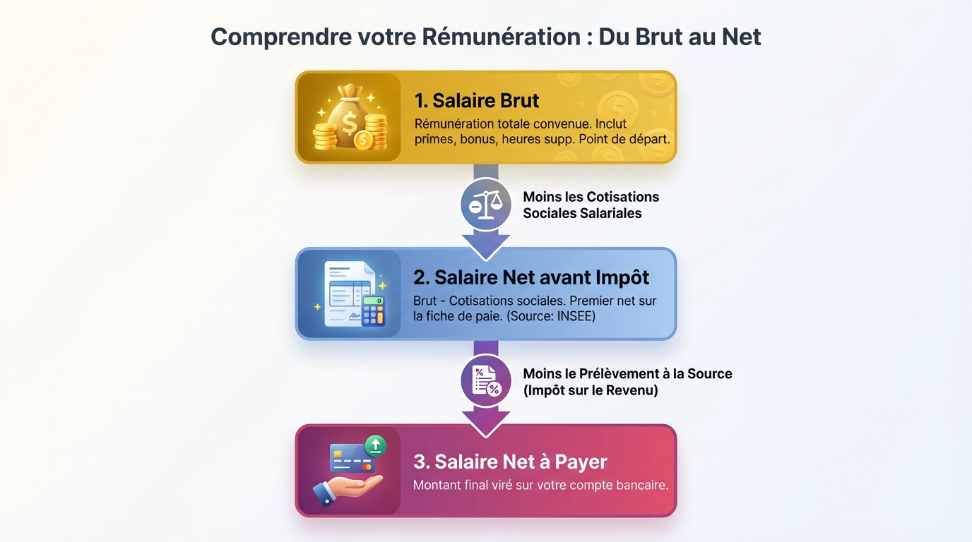Schéma explicatif de la conversion du salaire brut en net sur une fiche de paie