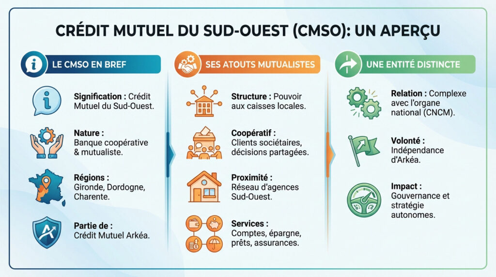 Infographie présentant le Crédit Mutuel du Sud-Ouest (CMSO) en trois sections : bref aperçu, atouts mutualistes, et son statut d'entité distincte.