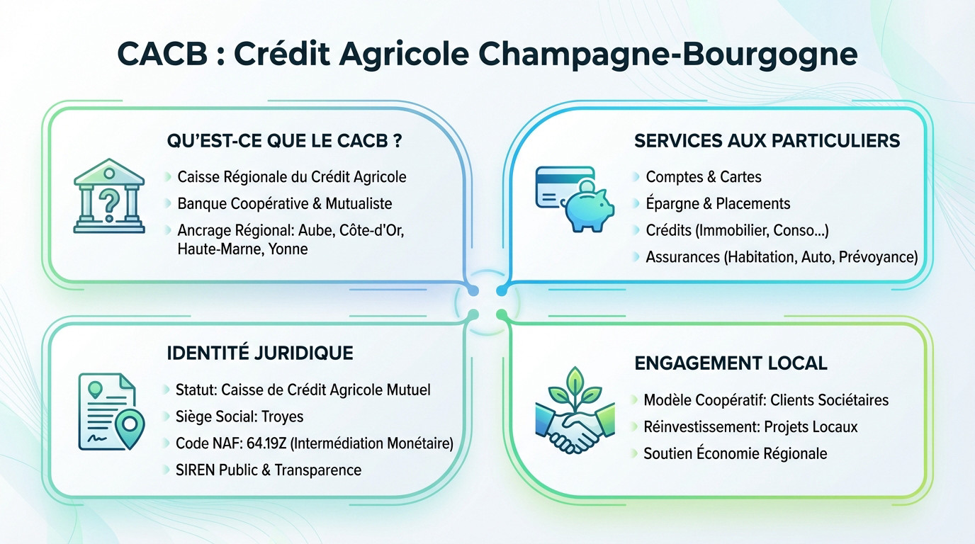 Infographie présentant l'identité et les services du Crédit Agricole de Champagne-Bourgogne (CACB)