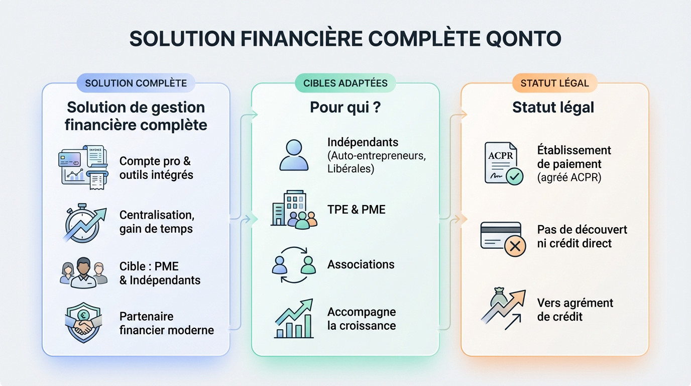 Infographie détaillant Qonto comme solution financière complète et son statut d'établissement de paiement