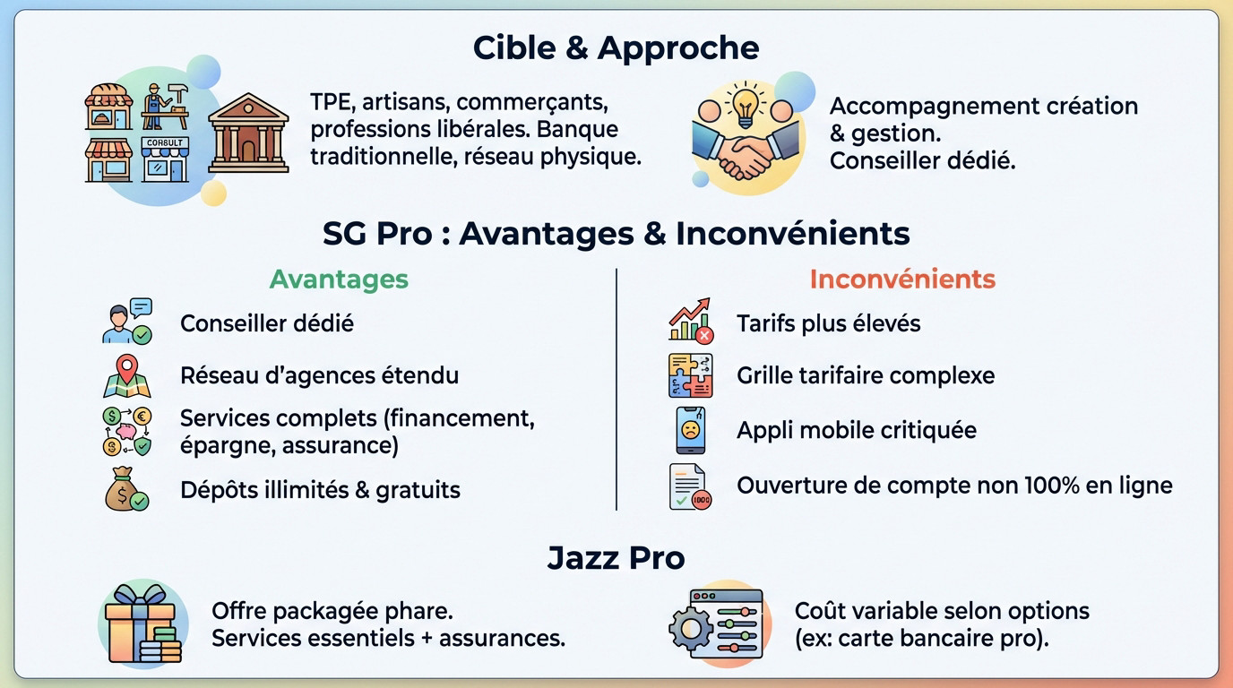 Infographie synthétisant l'offre Société Générale Pro : cibles, avantages, inconvénients et le pack Jazz Pro