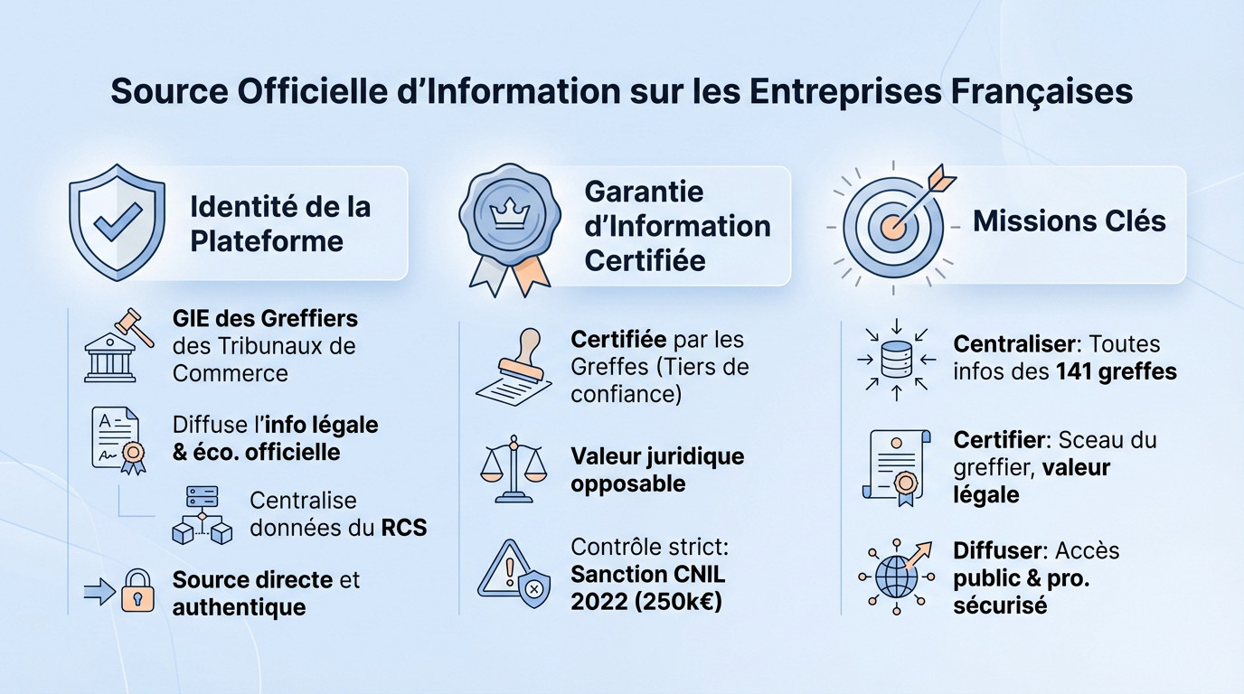 Interface numérique d'Infogreffe illustrant la centralisation des données légales des entreprises françaises