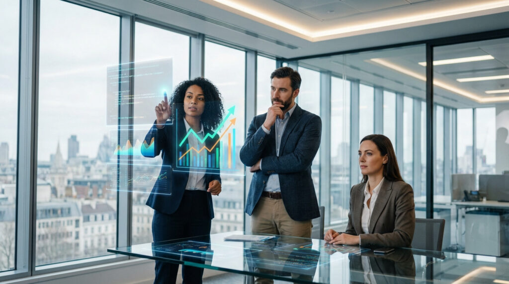 Trois professionnels en réunion analysent des données futuristes dans un bureau moderne. Une femme interagit avec des graphiques holographiques et des codes.