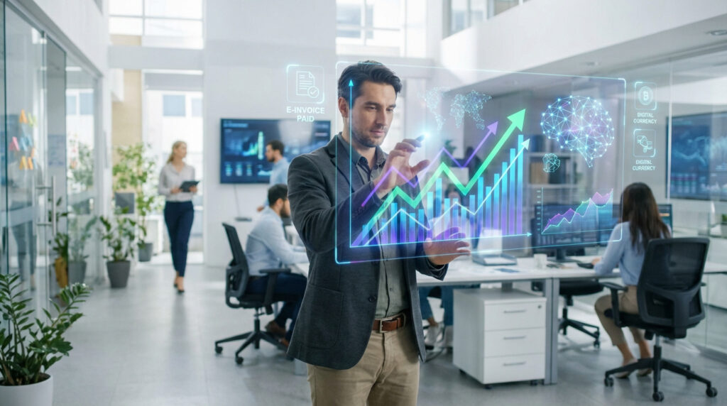 Un homme gère des données stratégiques sur un écran holographique en bureau. Graphiques, IA, monnaies numériques visibles. Croissance pme.