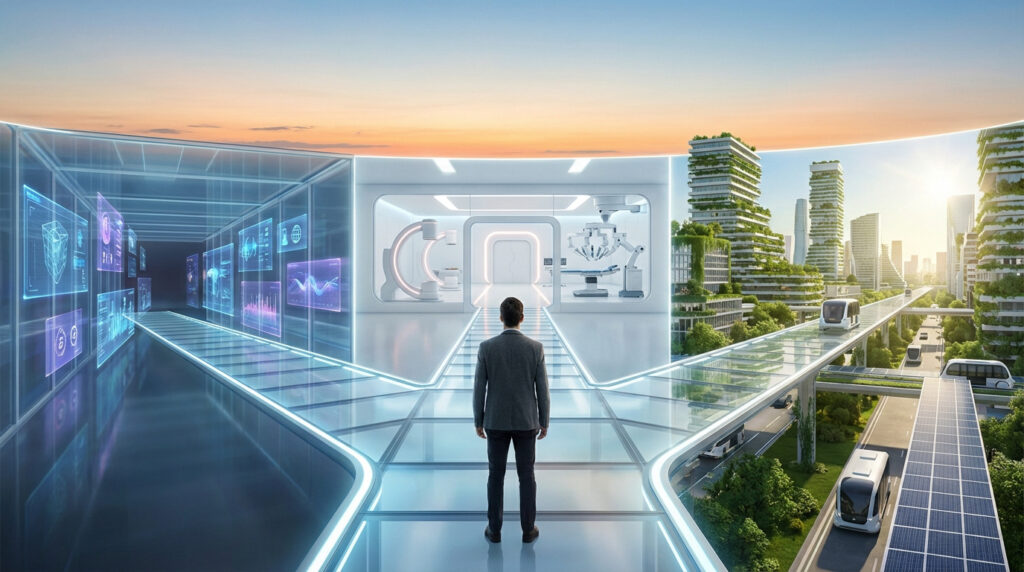Un homme face à trois chemins de carrière futuristes : technologie numérique, santé robotique et ville verte durable.