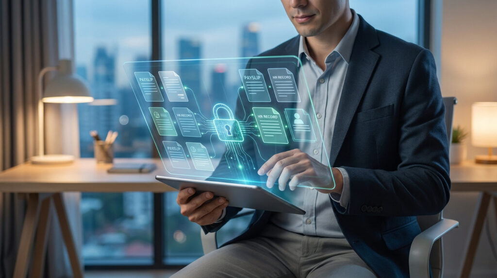 Homme en costume utilise une tablette pour gérer des documents via une interface holographique sécurisée, symbolisant un coffre-fort numérique.