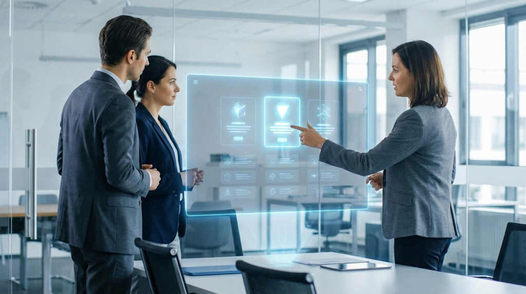 Trois professionnels en réunion devant un écran holographique interactif affichant des données stratégiques dans un bureau moderne.