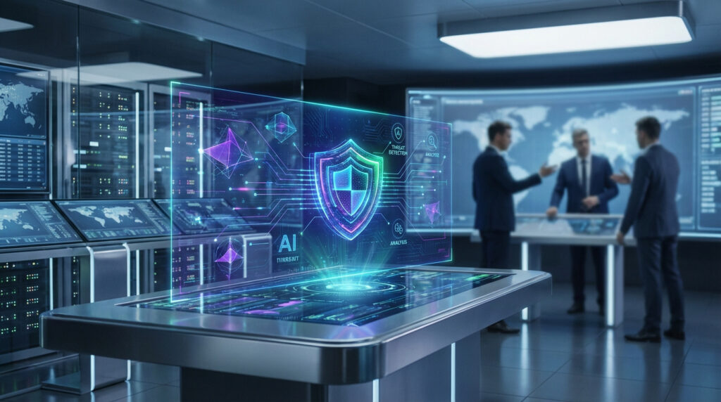 Centre d'opérations de sécurité avec une interface holographique de protection AI et des analystes discutant devant des écrans de données.