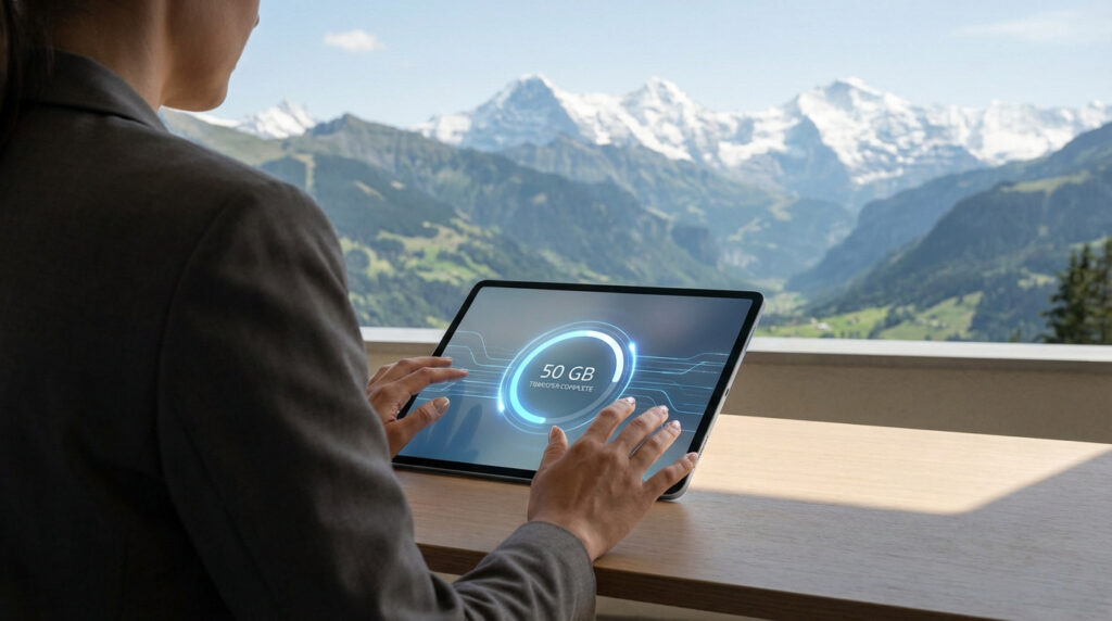 Personne utilisant une tablette avec l'inscription « 50 GB TRANSFER COMPLETE », devant un panorama des Alpes enneigées et vallées verdoyantes.