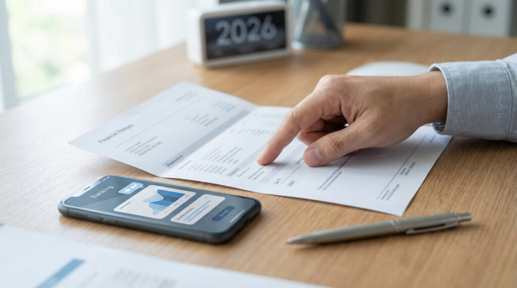 Main d'une personne pointant un relevé financier sur un bureau, à côté d'un smartphone avec app bancaire et un réveil "2026".
