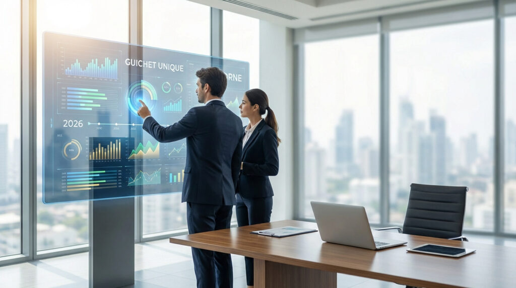 Deux professionnels analysent des données "GUICHET UNIQUE" sur un écran interactif lumineux, dans un bureau moderne avec vue sur la ville.