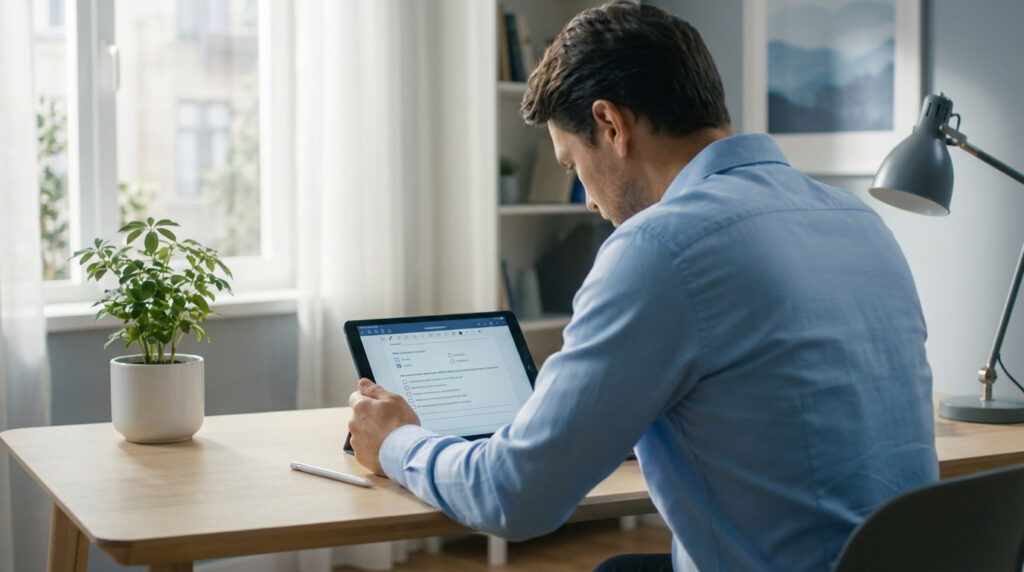 Man in blue shirt reviews digital questionnaire on tablet at a minimalist desk in a bright, modern home office. A plant and stylus are visible.