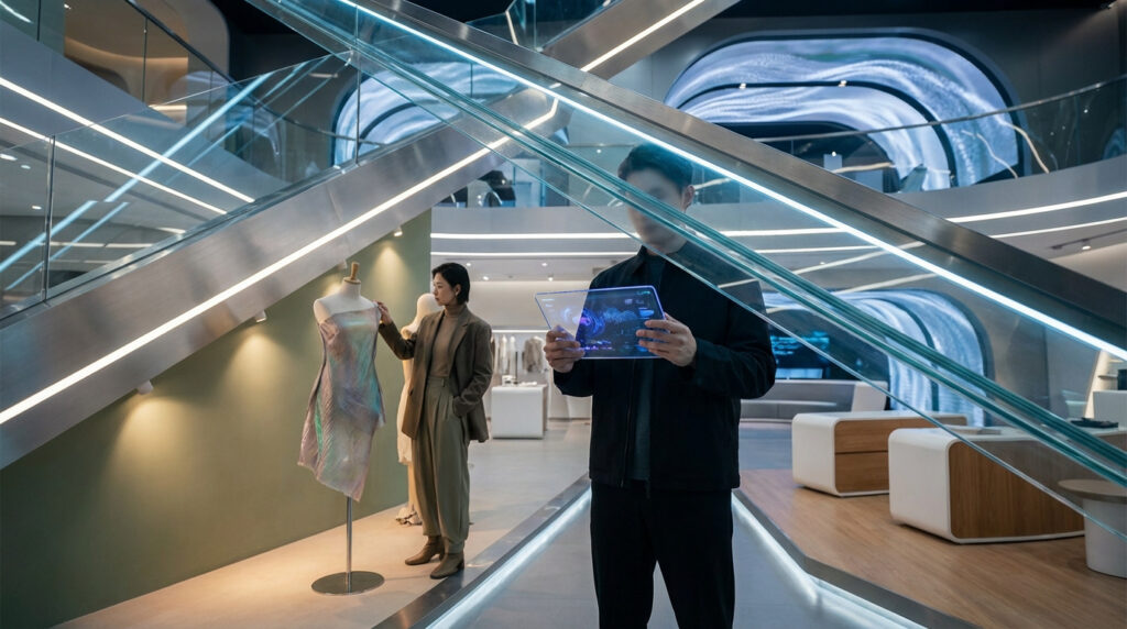 Un homme tient une tablette transparente futuriste. Une femme ajuste une robe sur un mannequin dans un magasin high-tech et design.