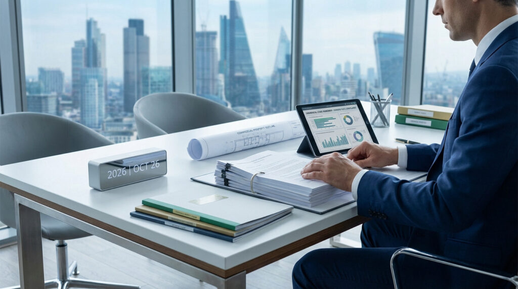 A professional reviews commercial real estate documents and data on a tablet, with a 2026 calendar and cityscape.