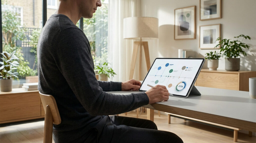 Un homme interagit avec une tablette affichant un diagramme de processus et l'année 2026, dans un bureau moderne et lumineux.