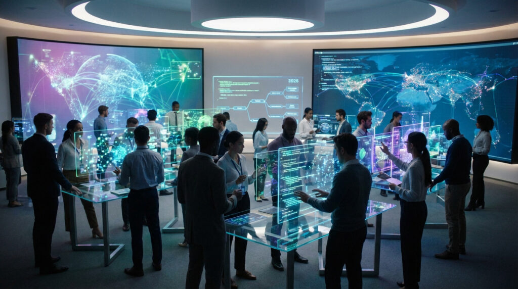 Des professionnels interagissent avec des écrans holographiques et des cartes mondiales dans un centre de données futuriste.