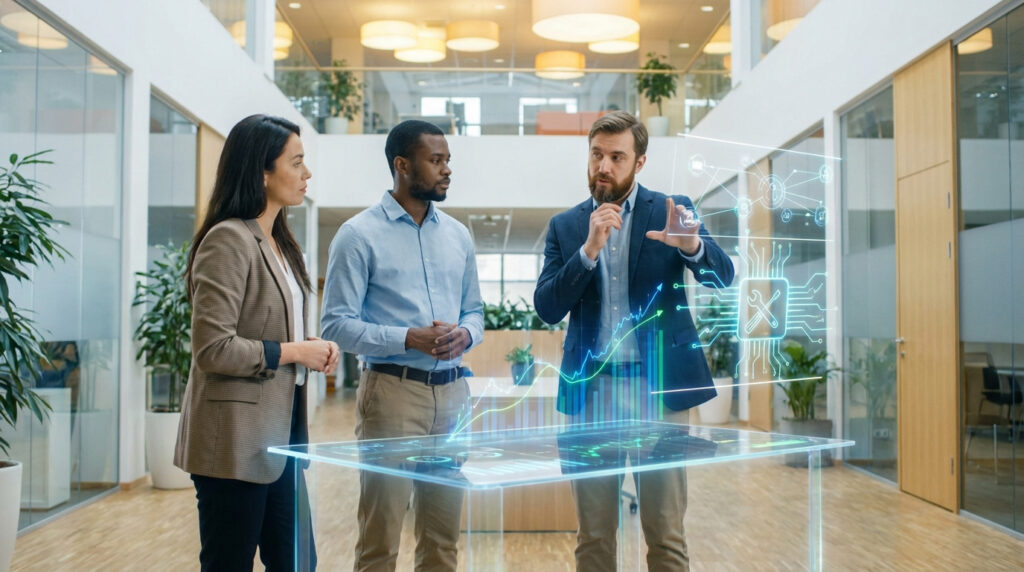 Trois professionnels dans un bureau moderne discutent autour d'une interface holographique affichant des données et un circuit.