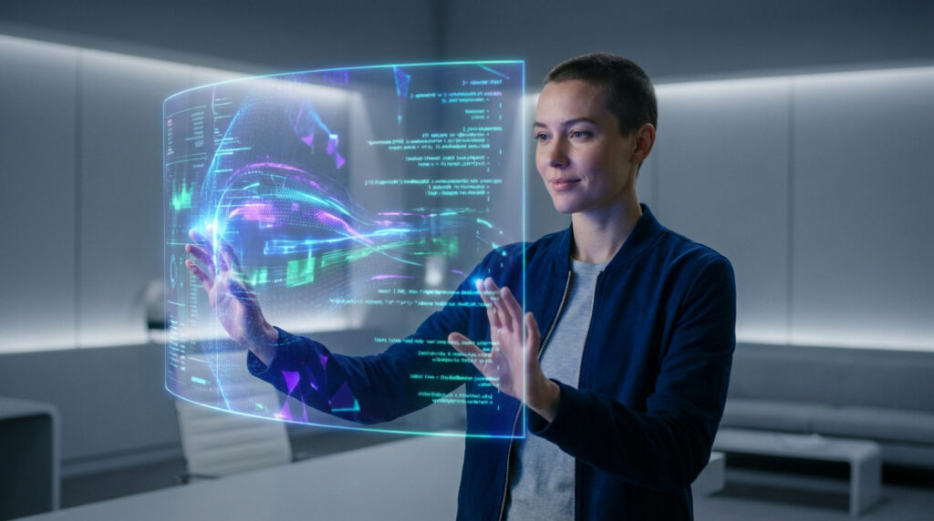 Femme souriante manipulant une interface holographique transparente et lumineuse affichant code et données dans un bureau moderne.