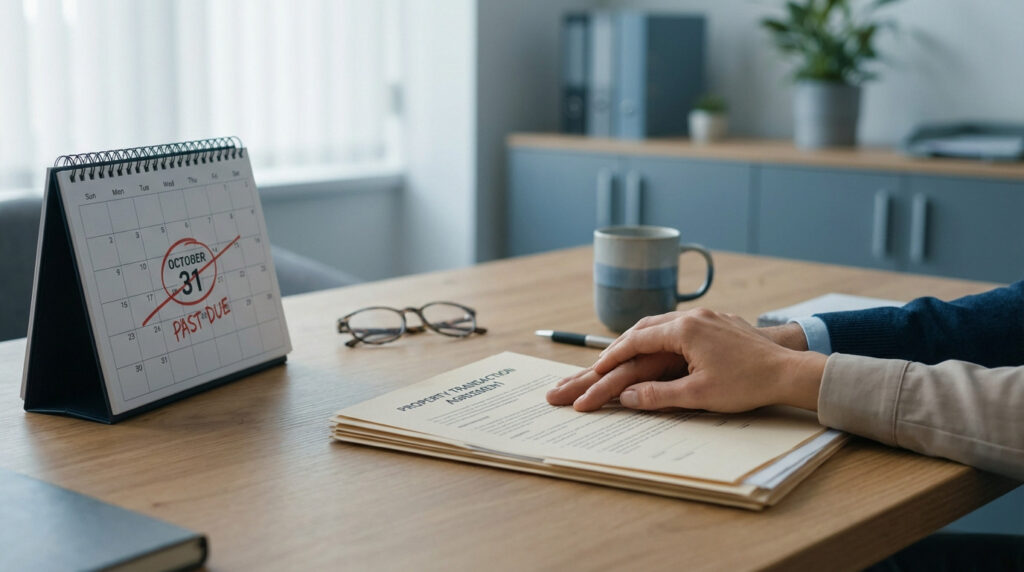 Hands on a 'Property Transaction Agreement' with a calendar showing 'October 31 PAST DUE' on a modern office desk.