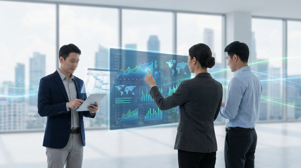 Three professionals analyze data on a holographic screen and tablet in a modern office, with glowing digital lines and a city skyline.