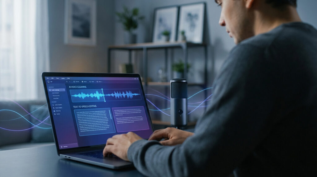 Homme utilisant un laptop avec logiciel d'édition audio IA et micro. Des ondes sonores abstraites suggèrent le traitement.