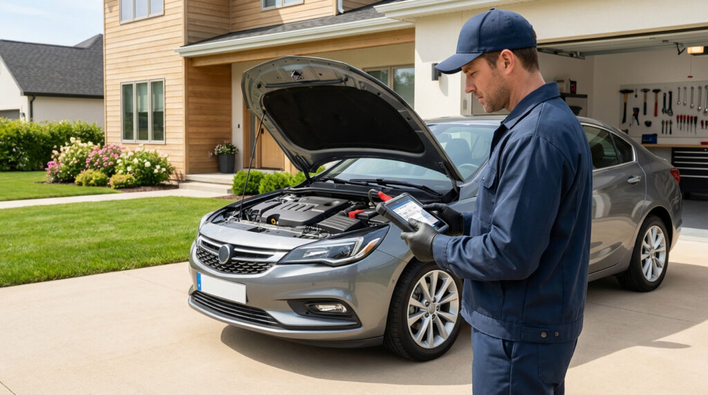 Professional mechanic in blue uniform diagnoses a grey sedan's engine with a scanner on a suburban home driveway.