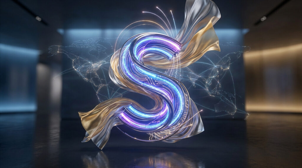 Une lettre S stylisée en néon bleu et violet avec des circuits, entourée de tissu doré et argenté flottant, sur fond de carte du monde connectée.