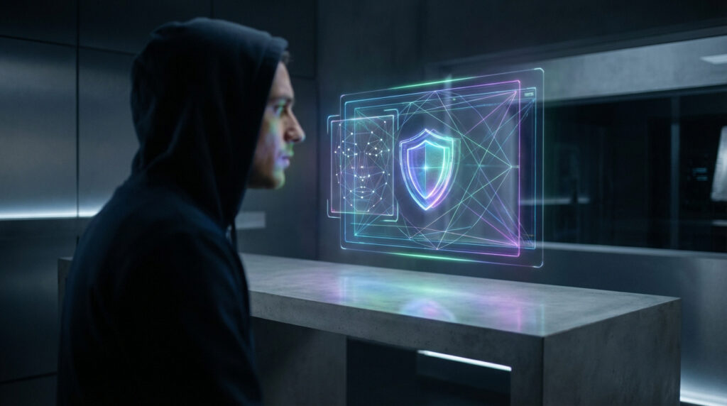 Homme en capuche observant une interface holographique. Un bouclier et un maillage de reconnaissance faciale symbolisent la protection.