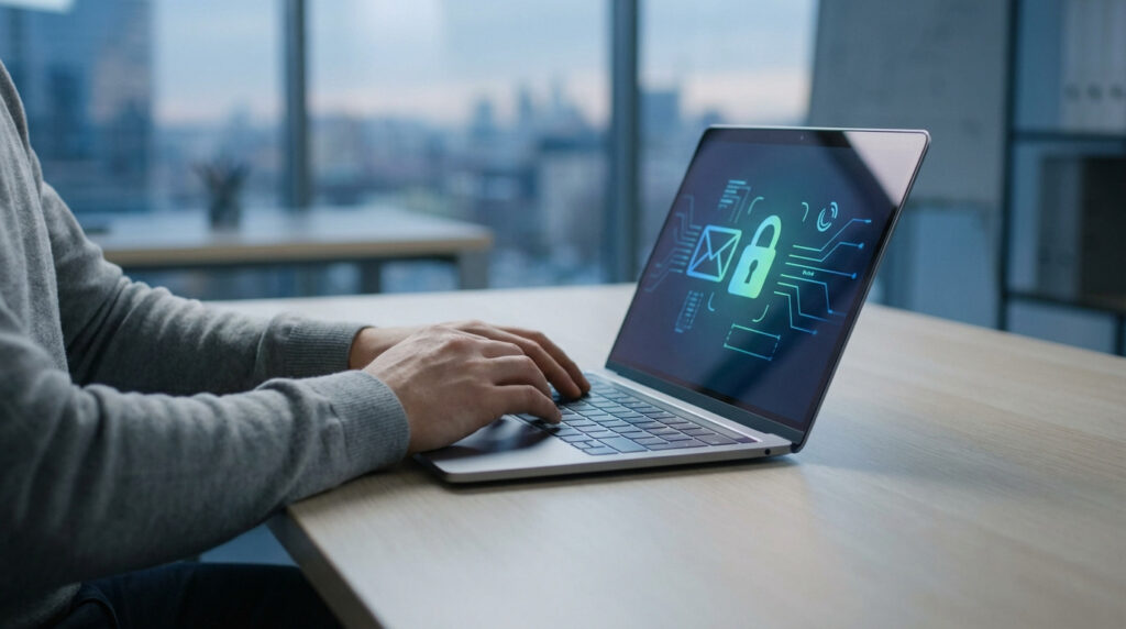 Mains d'une personne tapant sur un ordinateur portable. L'écran lumineux affiche des icônes de cadenas et d'enveloppe, symbolisant la sécurité du webmail.