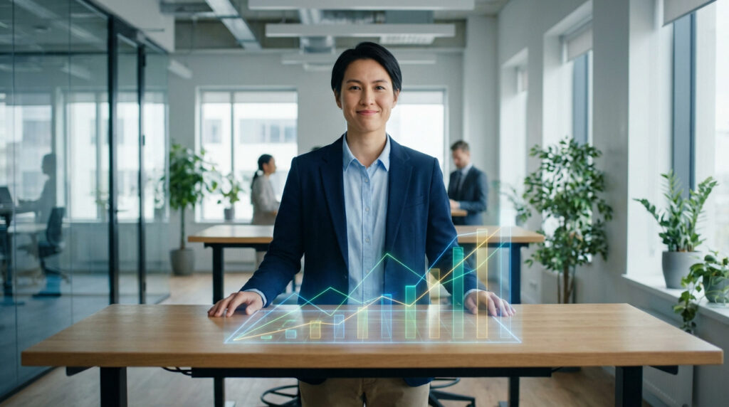 A professional in a blazer smiles confidently, standing at a desk with a glowing holographic financial chart in a modern office.