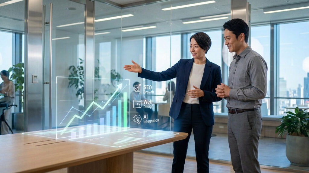 Deux experts Nubiz discutent de la croissance PME via une projection holographique (SEO, web design, IA) dans un bureau lumineux.