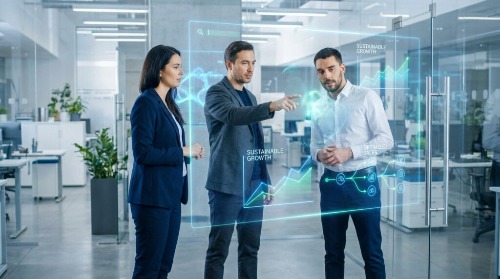 Trois professionnels analysant des données de croissance durable et de ventes optimisées sur un écran holographique en bureau moderne.