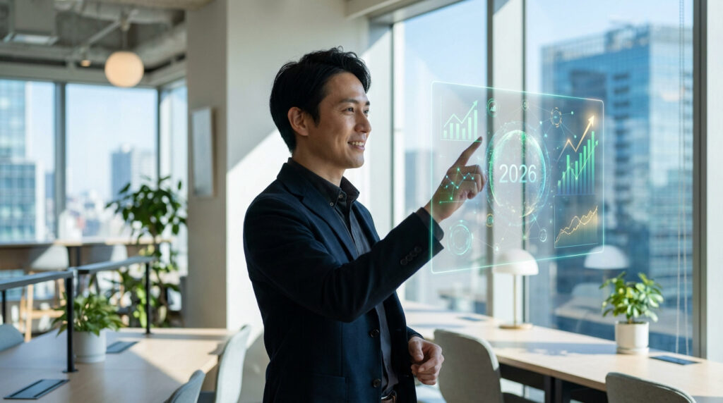 Homme d'affaires asiatique souriant interagissant avec un écran holographique affichant des graphiques de croissance dans un bureau moderne.