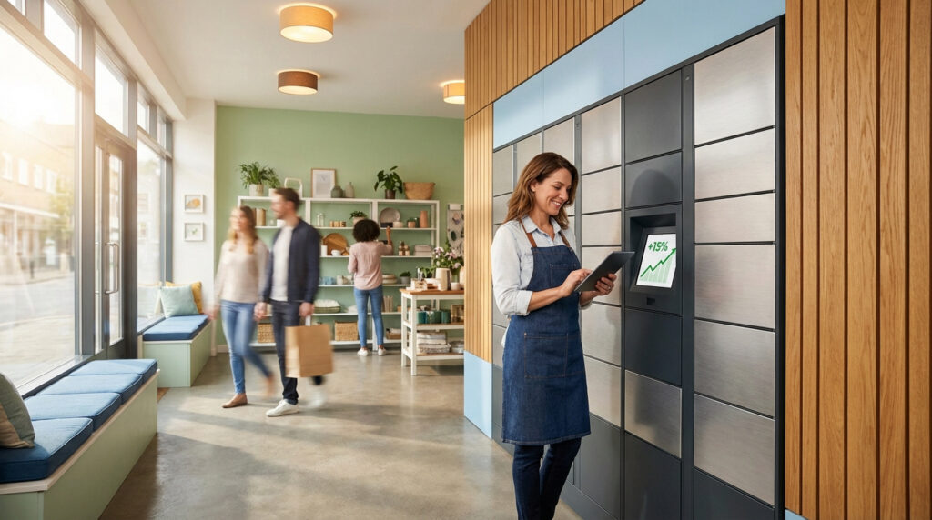 Femme souriante utilise un casier de colis intelligent dans un magasin moderne. L'écran affiche un gain de +15%. Clients en arrière-plan.
