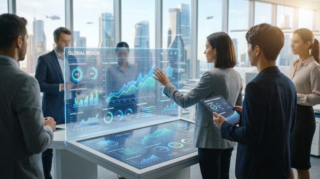 Équipe d'agence SMMA analysant des données marketing sur des écrans holographiques interactifs, planification stratégique.