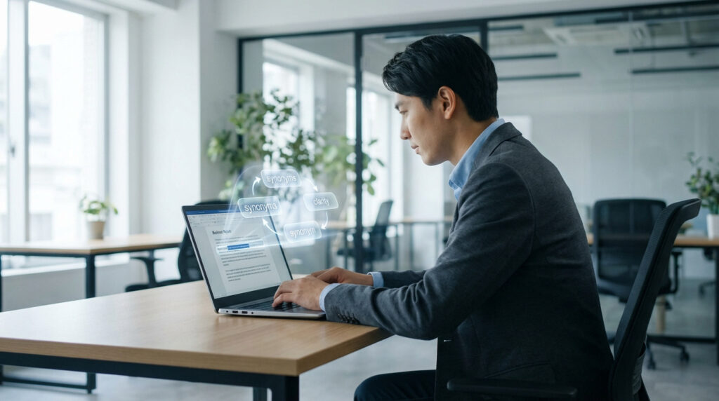 Un homme en costume tape sur un ordinateur portable, avec des bulles numériques de synonymes et clarté flottant au-dessus de l'écran.