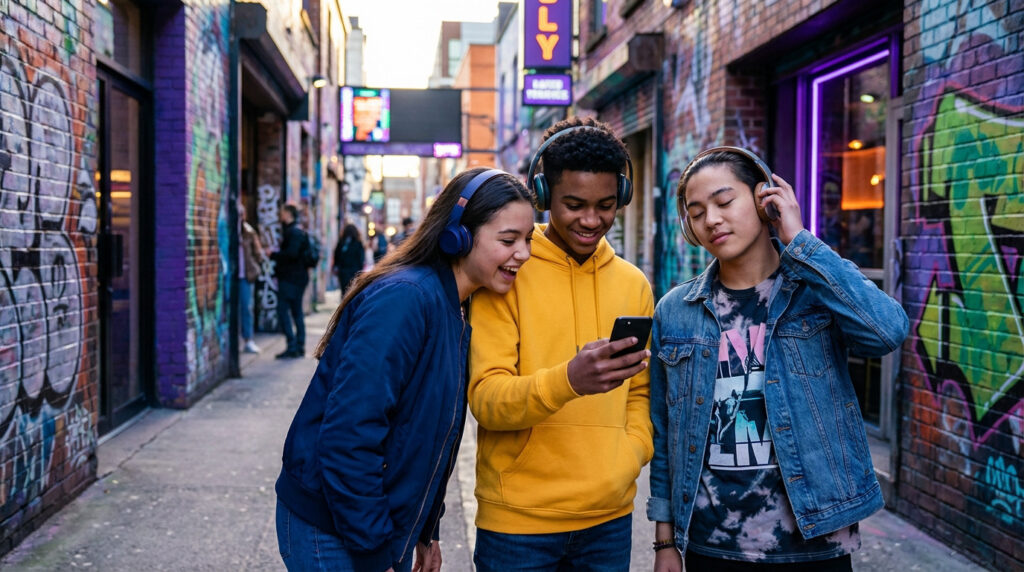 Trois ados écoutent de la musique avec des casques dans une ruelle graffée. Deux partagent un smartphone, le troisième est plongé dans l'écoute.