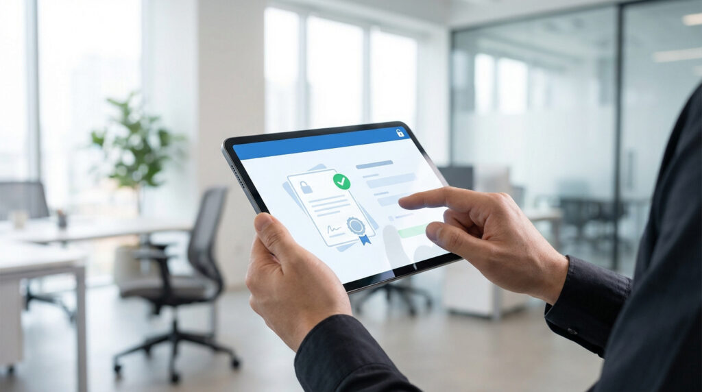 Mains tenant une tablette affichant un document numérique avec un cadenas, une coche verte et un sceau. Fond de bureau moderne.
