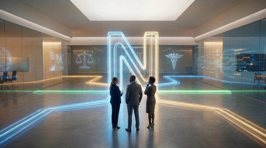 Trois personnes devant un grand N lumineux, avec des symboles de justice, médecine et technologie sur les murs.