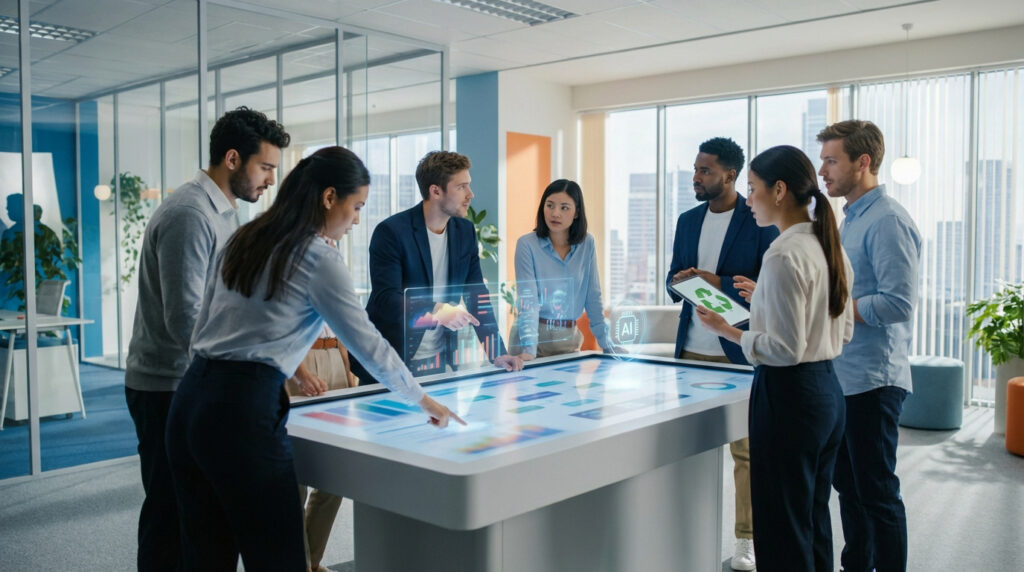 Un groupe de six professionnels divers échange autour d'une table interactive affichant des données et des graphiques dans un bureau moderne.