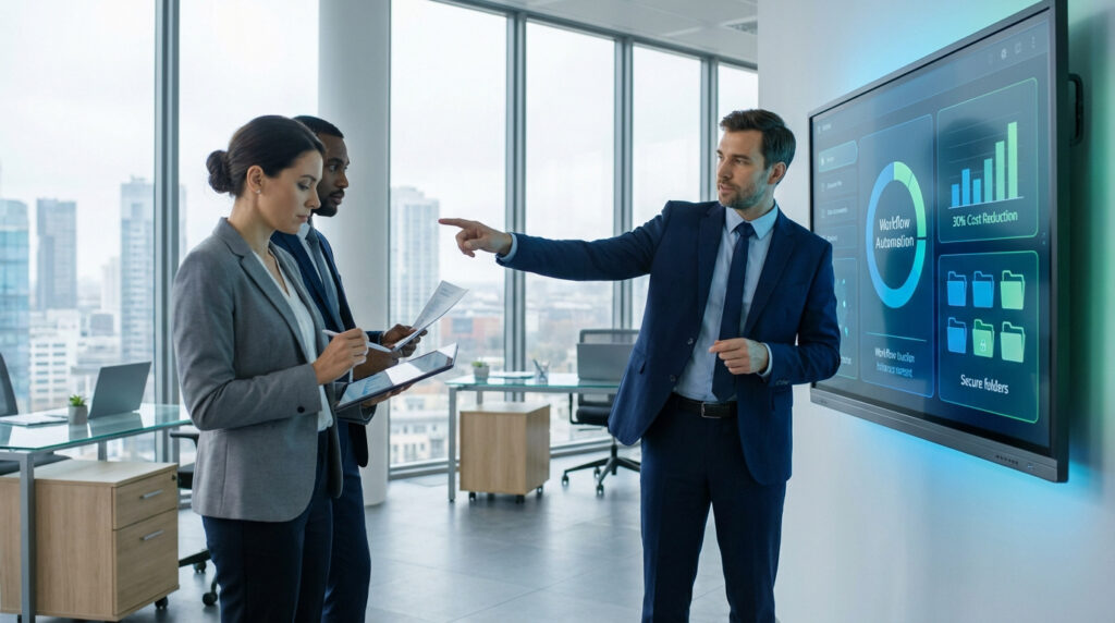 Trois professionnels en réunion devant un écran interactif affichant l'automatisation des flux de travail et la réduction des coûts.