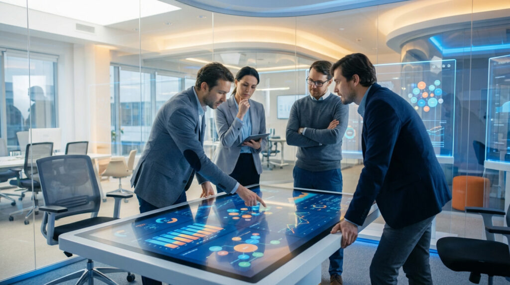 Quatre professionnels analysent des données sur une table tactile interactive, affichant graphiques et diagrammes, dans un bureau moderne.