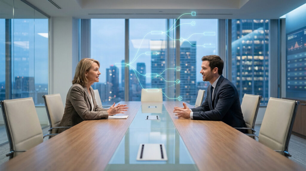Une femme et un homme discutent en salle de réunion, un flux de données numérique illuminé symbolise leur communication.