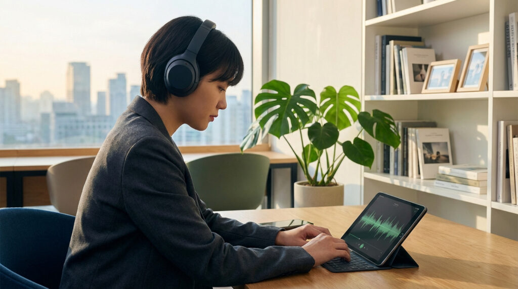 Femme écoute un podcast avec des écouteurs sur une tablette dans un bureau lumineux, vue sur la ville et bibliothèque.