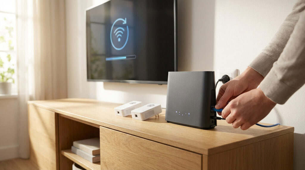 Une personne connecte un câble Ethernet à un boîtier Freebox. Une TV affiche une mise à jour Wi-Fi. Des CPL sont sur le meuble.