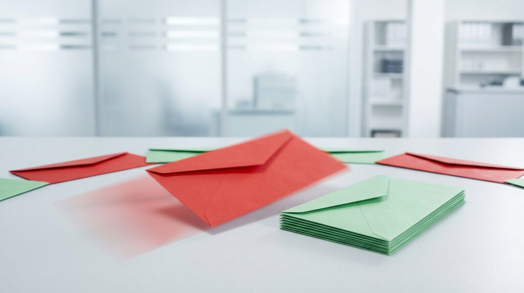 Plusieurs enveloppes rouges et vertes sur un bureau blanc, une enveloppe rouge semble tomber avec un flou de mouvement.