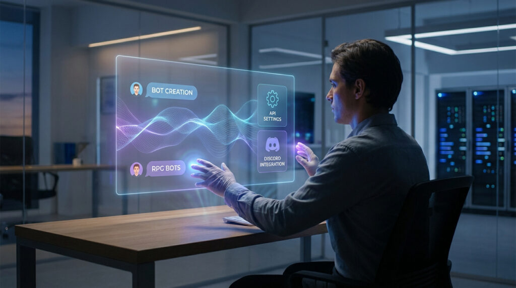 Un homme interagit avec un écran holographique affichant "BOT CREATION", "API SETTINGS", "RPG BOTS", et "DISCORD INTEGRATION" dans un bureau futuriste.