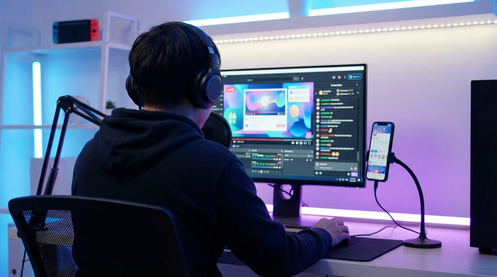 Vue de dos d'un jeune homme avec casque, préparant un live avec un logiciel de streaming sur écran et un smartphone sur support.