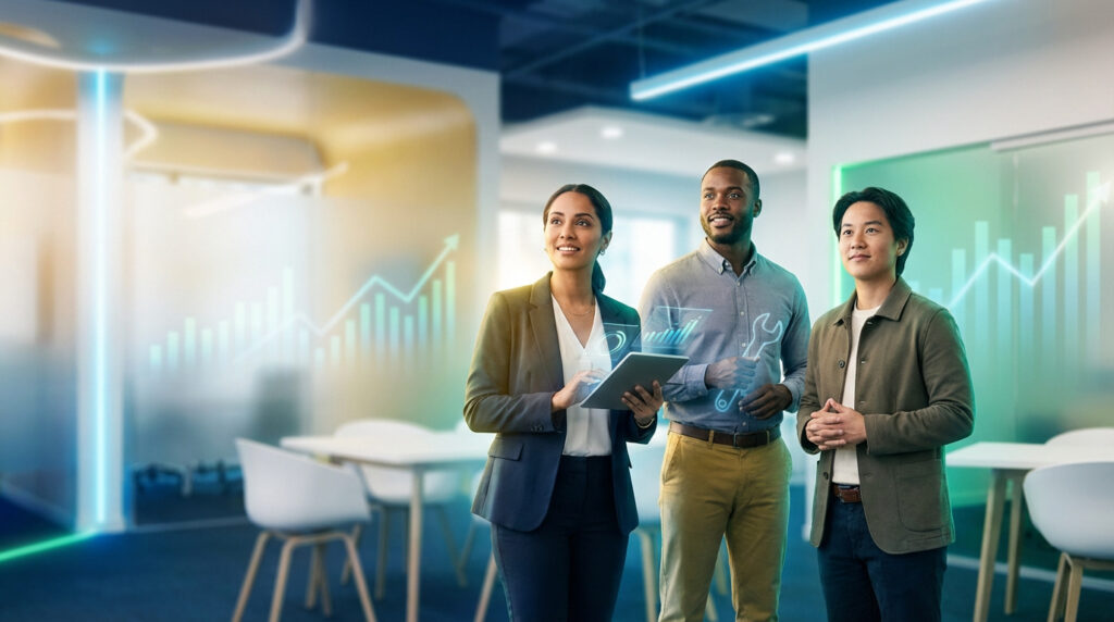 Trois professionnels divers (une femme, deux hommes) regardent des projections holographiques de croissance dans un bureau moderne.